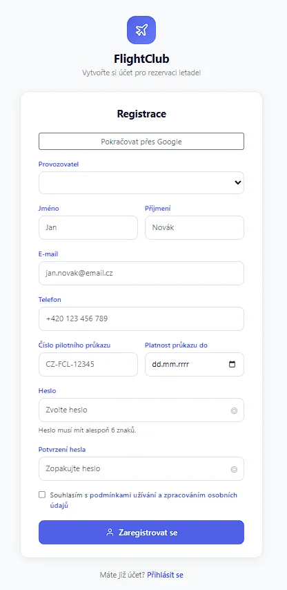 Registrace pilota z mobilu, včetně čísla a platnosti pilotního průkazu