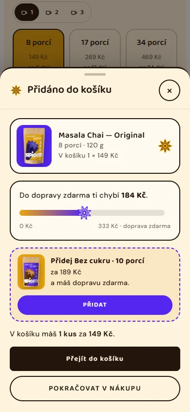 Mini-košík po přidání zboží s měřičem dopravy zdarma a nabídkou doplnění