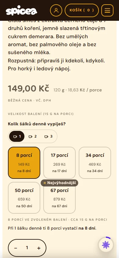 Detail produktu: volba balení podle počtu šálků denně, s výpočtem, na kolik dní vystačí
