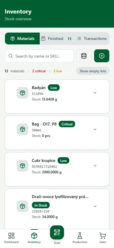 Sklad surovin se stavem zásob, minimálními limity a šaržemi